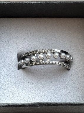 White Gold Plated Floating Pearl Illusion & CZ Double Band Ring Sz 6 Stack Style